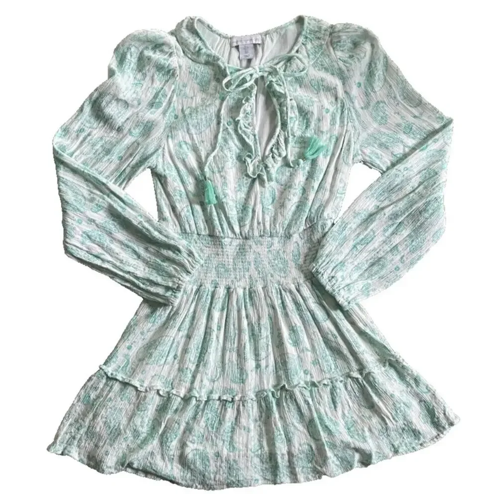 House of Harlow 1960 Paisley Long Sleeve Ruffle Smocked Mini Dress Mint Green S - Picture 3 of 9